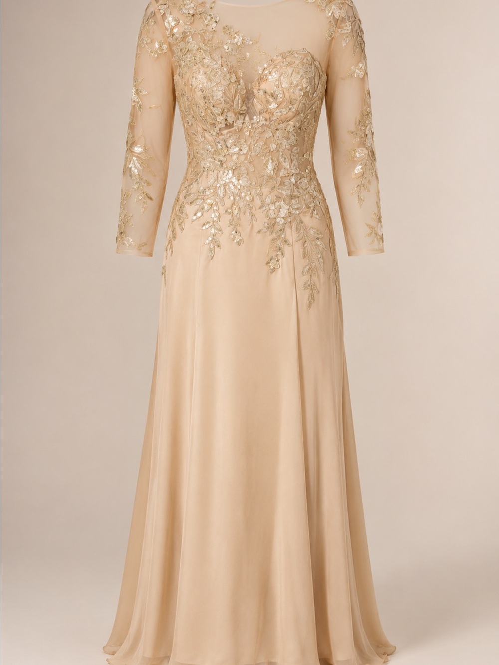 Embroidered Illusion Gold Long-Sleeve Evening Dress